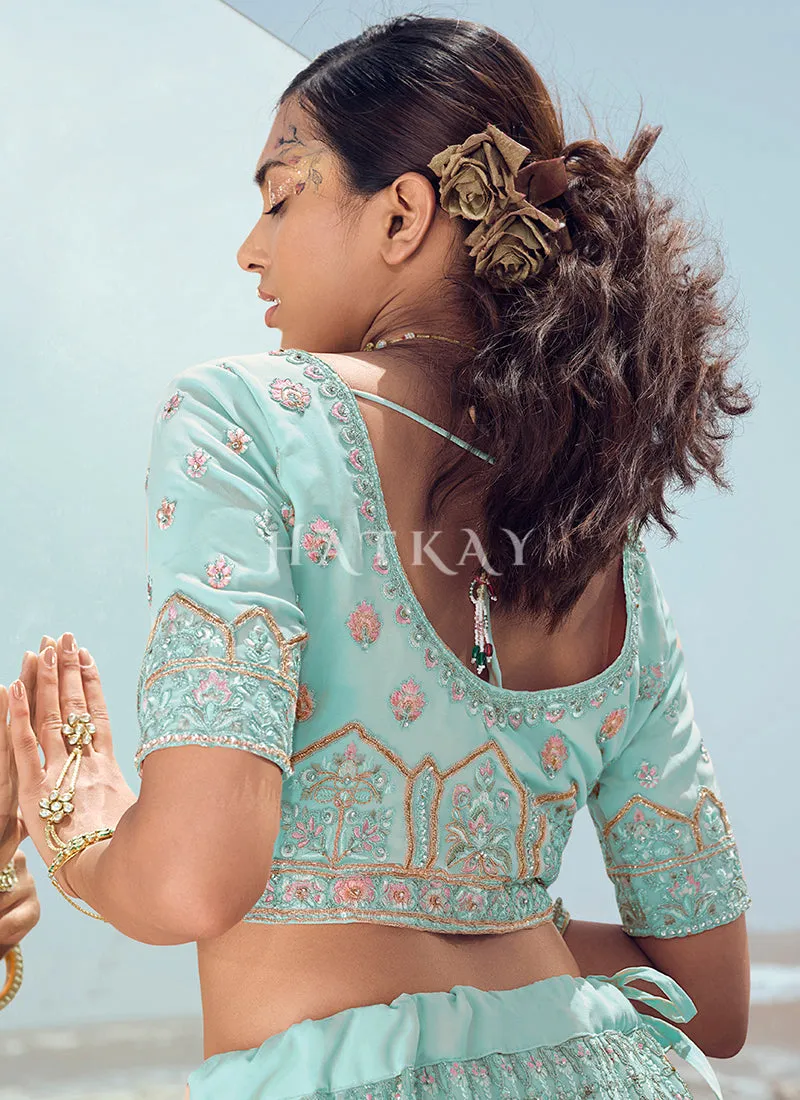 Aqua Blue Zarkan Embroidered Designer Lehenga Choli