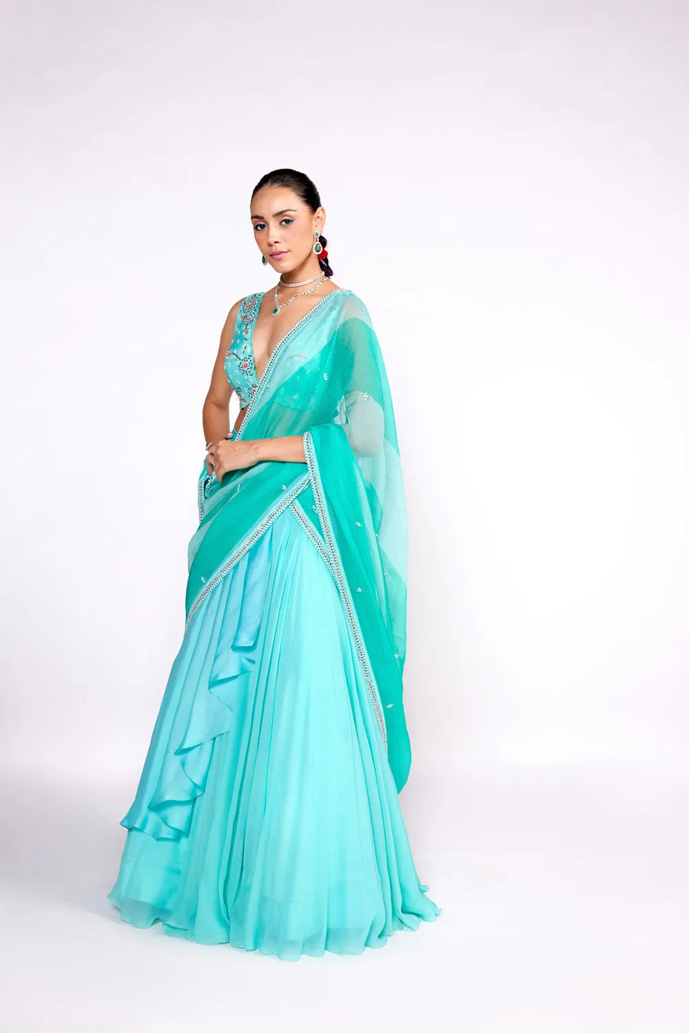 Aqua Green Embroidered Lehenga Saree Set