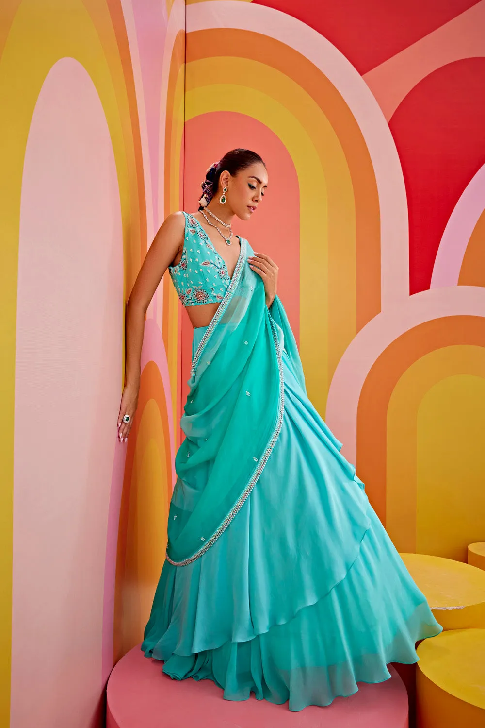 Aqua Green Embroidered Lehenga Saree Set