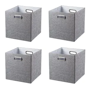 BAIST Fabric Storage Cubes,Fancy Big Collapsible Linen Bed Drawer Closet Storage Baskets Bins Organizers for Playroom Books Toys School Days-Set of 4,Gray Linen with Silver Metallic Sparkles