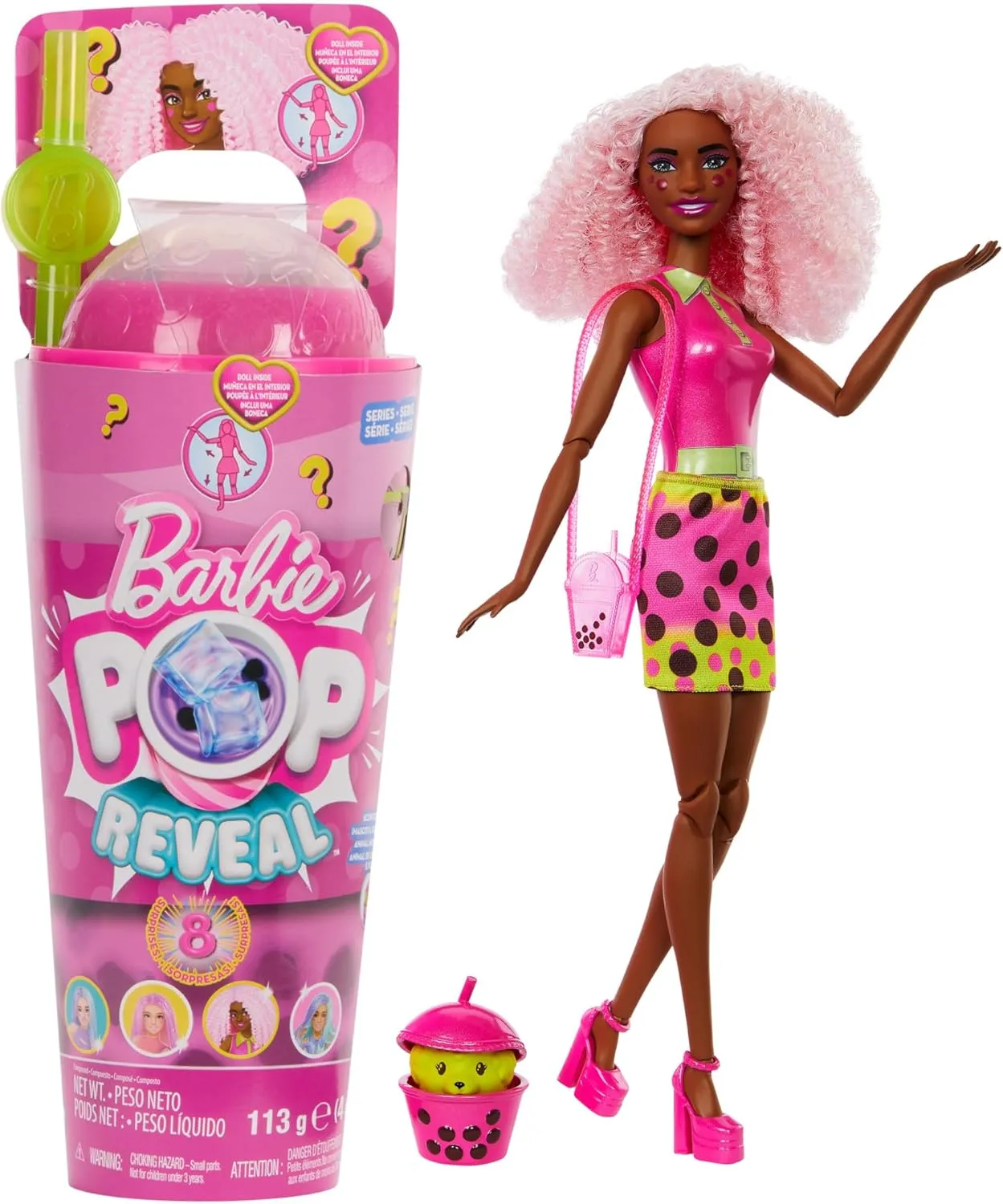 Barbie Pop Reveal Doll & Accessories, Bubble Tea Series with Pet, 8 Surprises Include Color Change, Cup with Storage (Styles May Vary) - open_box