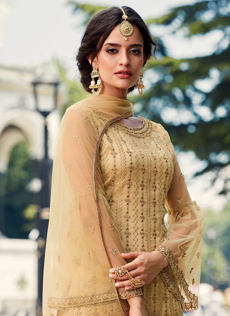 Beige Golden Embroidered Designer Gharara Suit