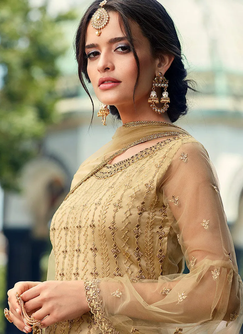 Beige Golden Embroidered Designer Gharara Suit