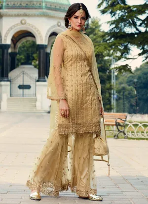 Beige Golden Embroidered Designer Gharara Suit