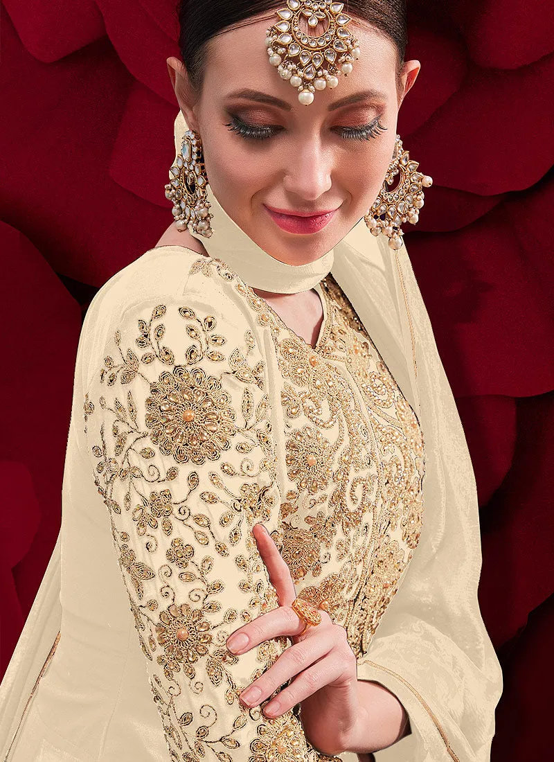 Beige Golden Embroidered Slit Style Anarkali Pant Suit
