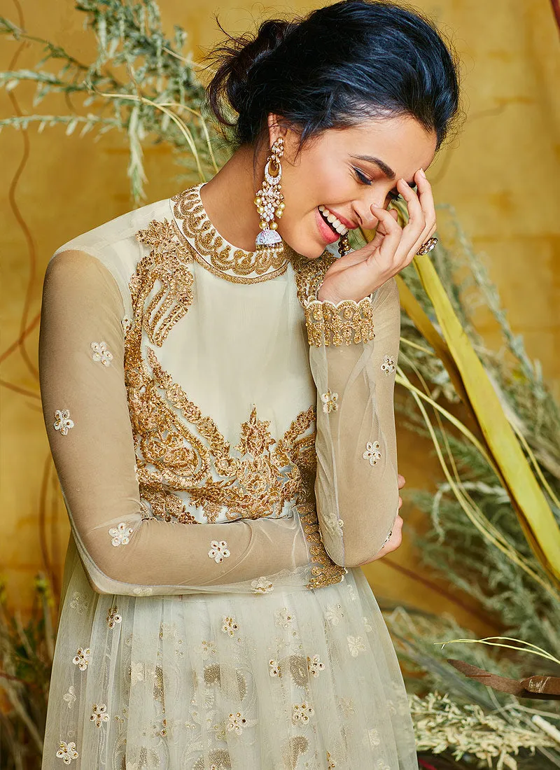 Beige Peplum Style Lehenga Suit