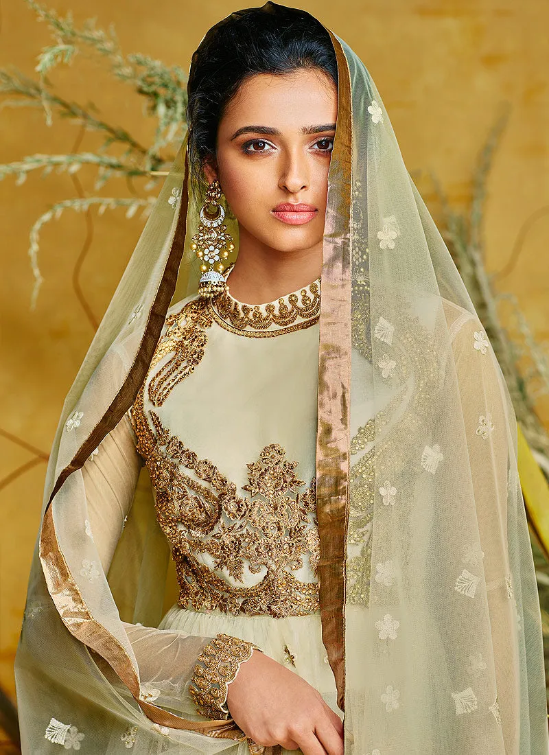 Beige Peplum Style Lehenga Suit