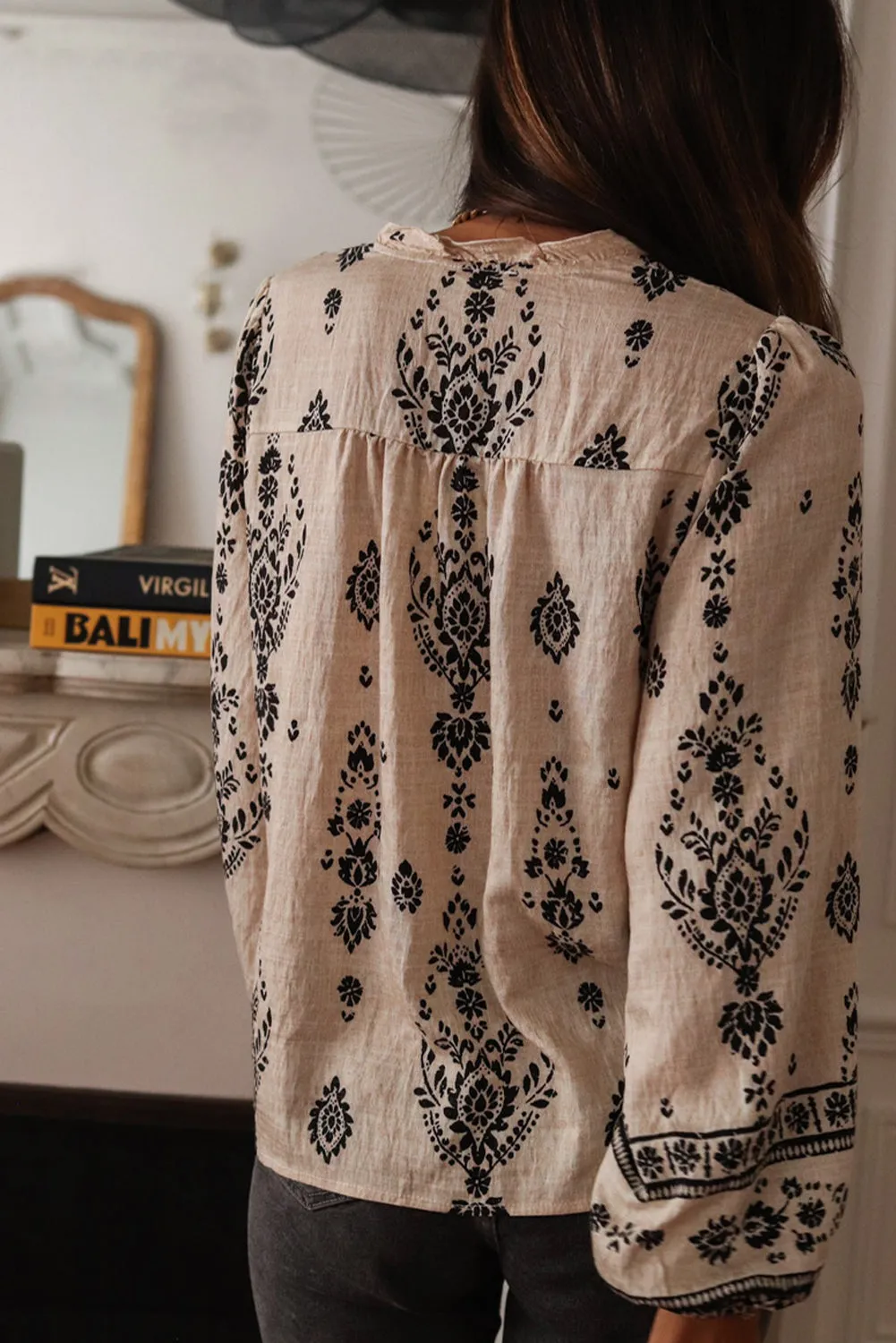 Beige Vintage Floral Long Puff Sleeve Button Up Casual Shirt