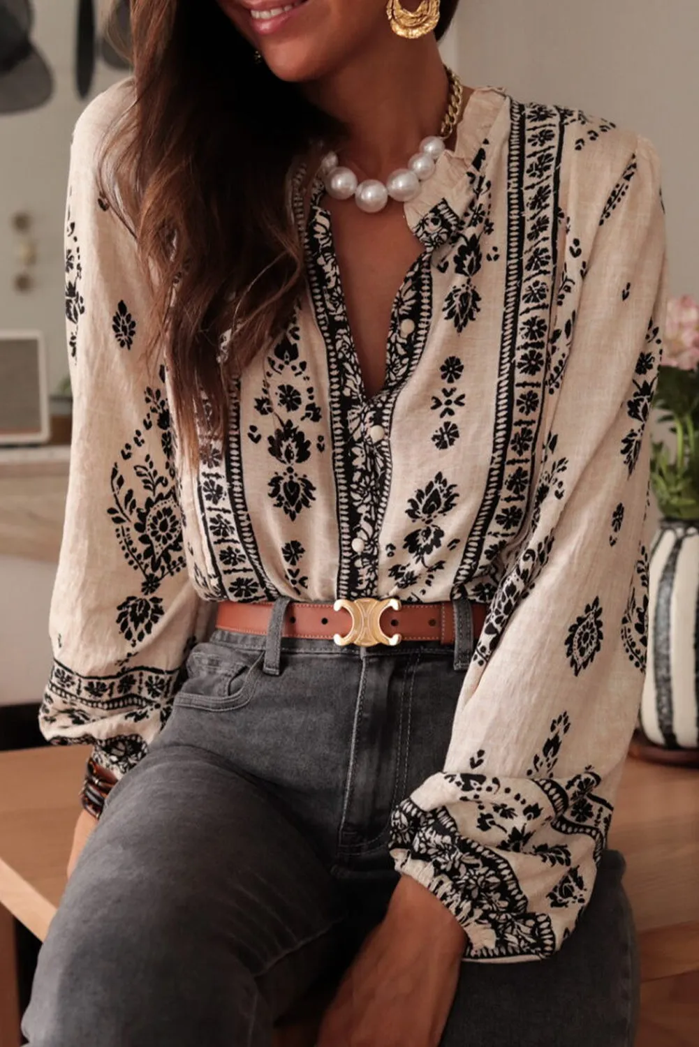 Beige Vintage Floral Long Puff Sleeve Button Up Casual Shirt