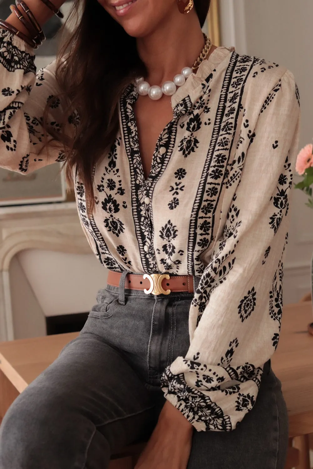Beige Vintage Floral Long Puff Sleeve Button Up Casual Shirt