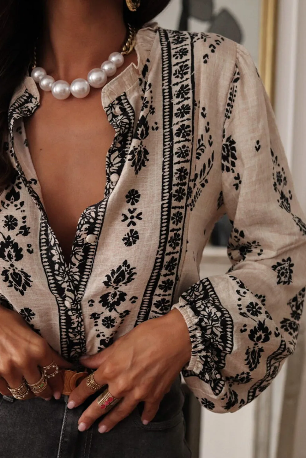 Beige Vintage Floral Long Puff Sleeve Button Up Casual Shirt