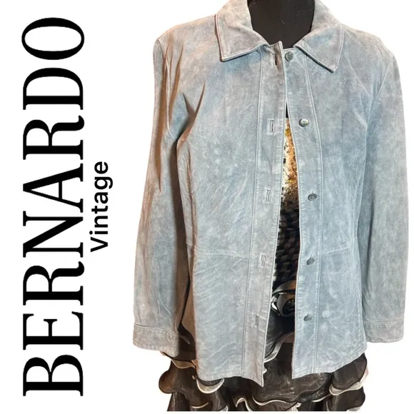 Bernardo vintage blue leather suede button up collar jacket size large