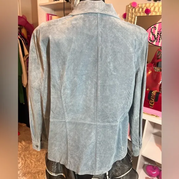 Bernardo vintage blue leather suede button up collar jacket size large