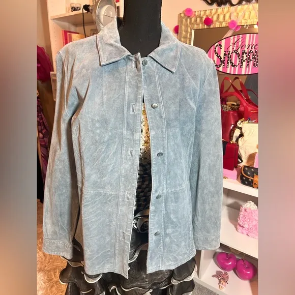 Bernardo vintage blue leather suede button up collar jacket size large