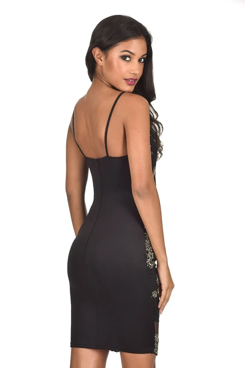 Black and Gold Embroidered High neck Bodycon Dress