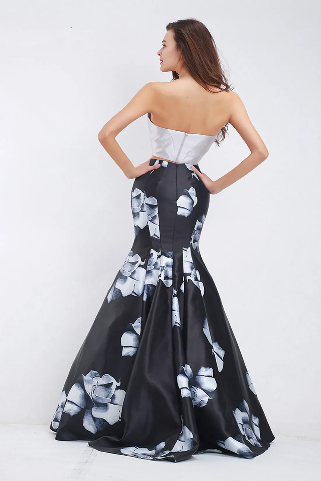 Black Floral Satin Two Piece Sleeveless Long Mermaid Evening Dress Prom Dress OHC468