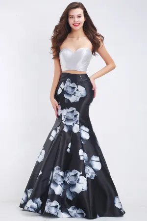 Black Floral Satin Two Piece Sleeveless Long Mermaid Evening Dress Prom Dress OHC468