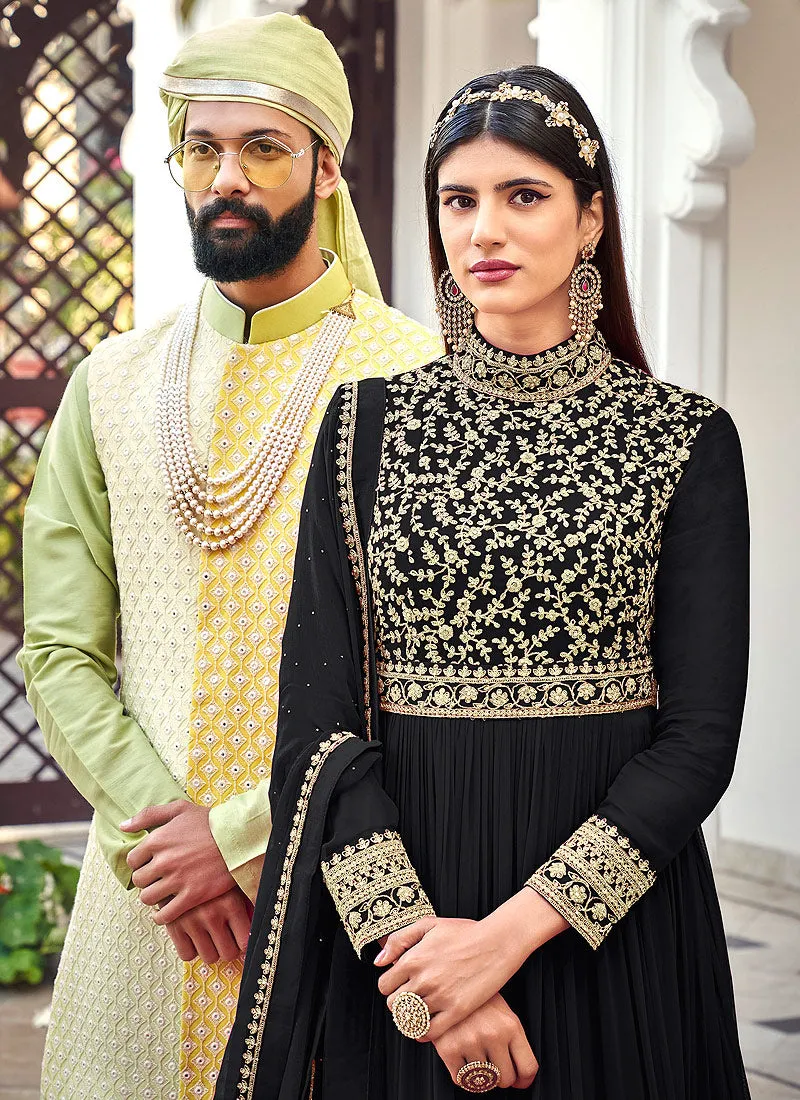 Black Golden Traditional Embroidered Designer Anarkali Gown