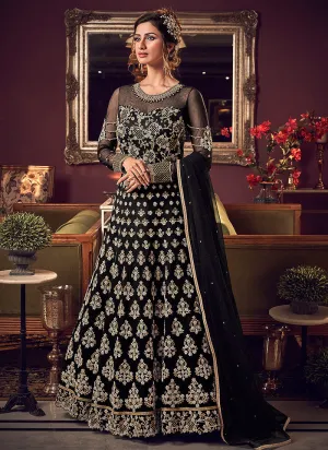 Black Golden Zari Embroidered Anarkali Suit