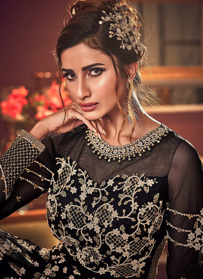 Black Golden Zari Embroidered Anarkali Suit