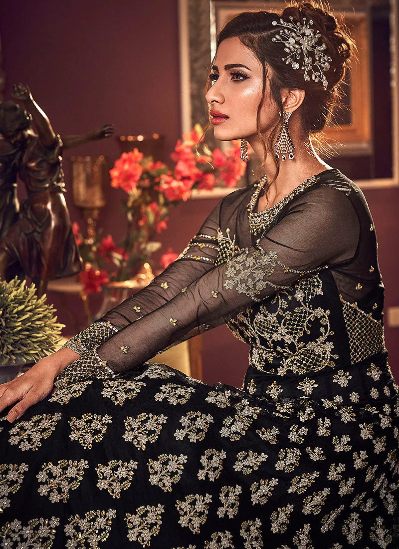 Black Golden Zari Embroidered Anarkali Suit