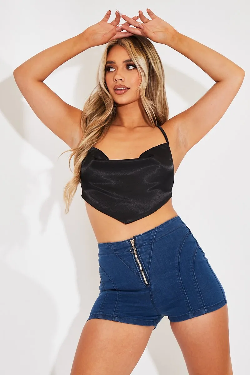 Black Satin Bandana Halter Crop Top - Talisa