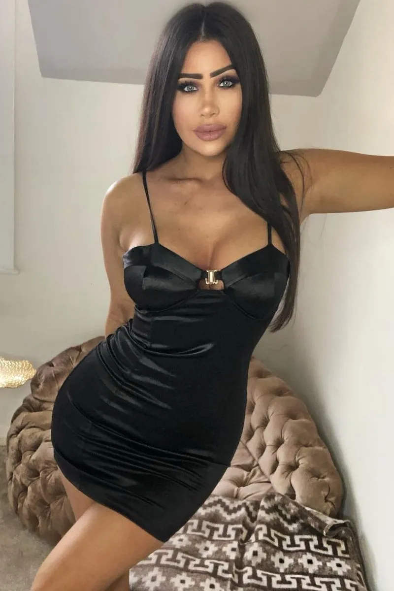 Black Satin Clasp Front Cup Mini Dress - Teana