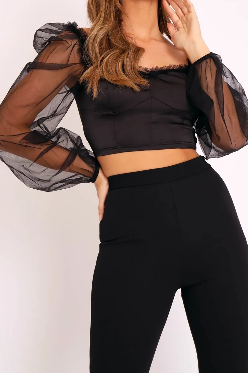 Black Satin Mesh Sleeve Ruched Detail Crop Top - Rya