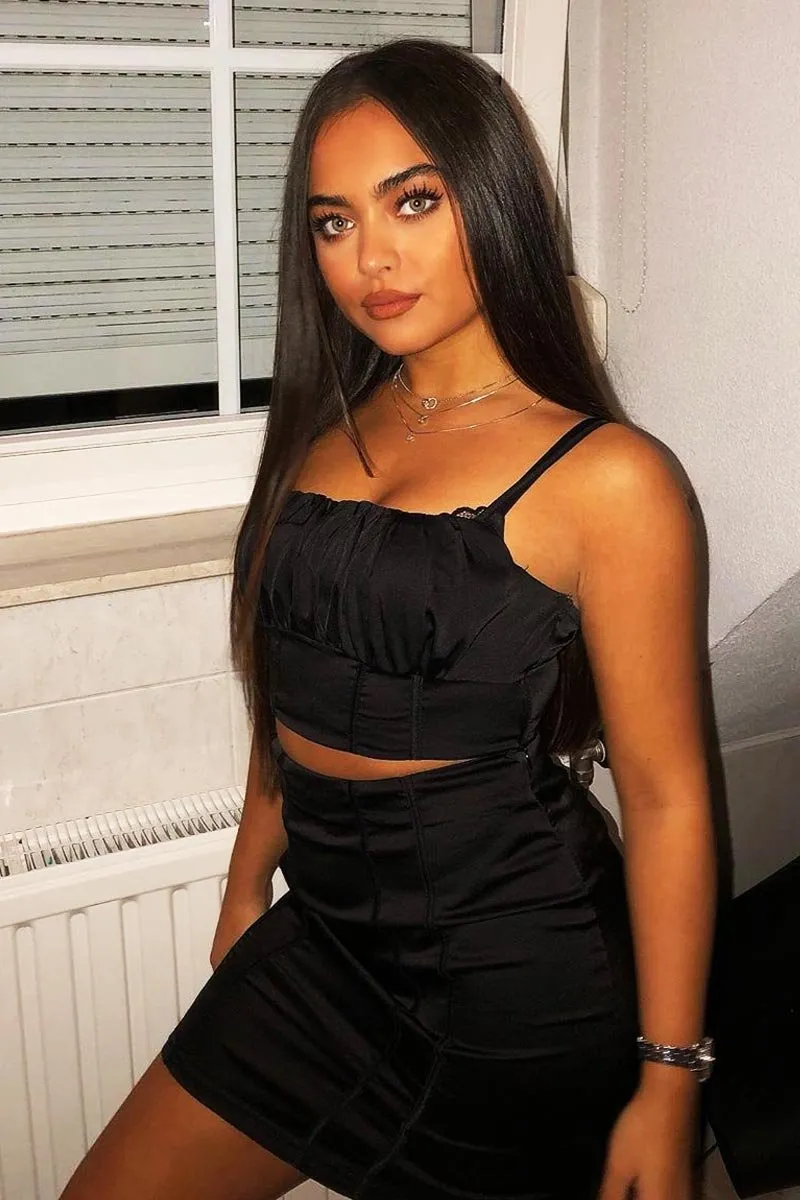 Black Satin Ruched Crop Top Seam Detail Skirt Co-ord - Dailah