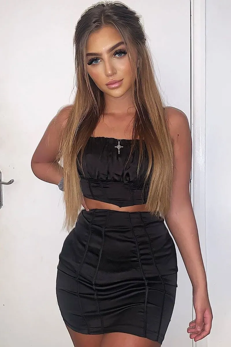 Black Satin Ruched Crop Top Seam Detail Skirt Co-ord - Dailah