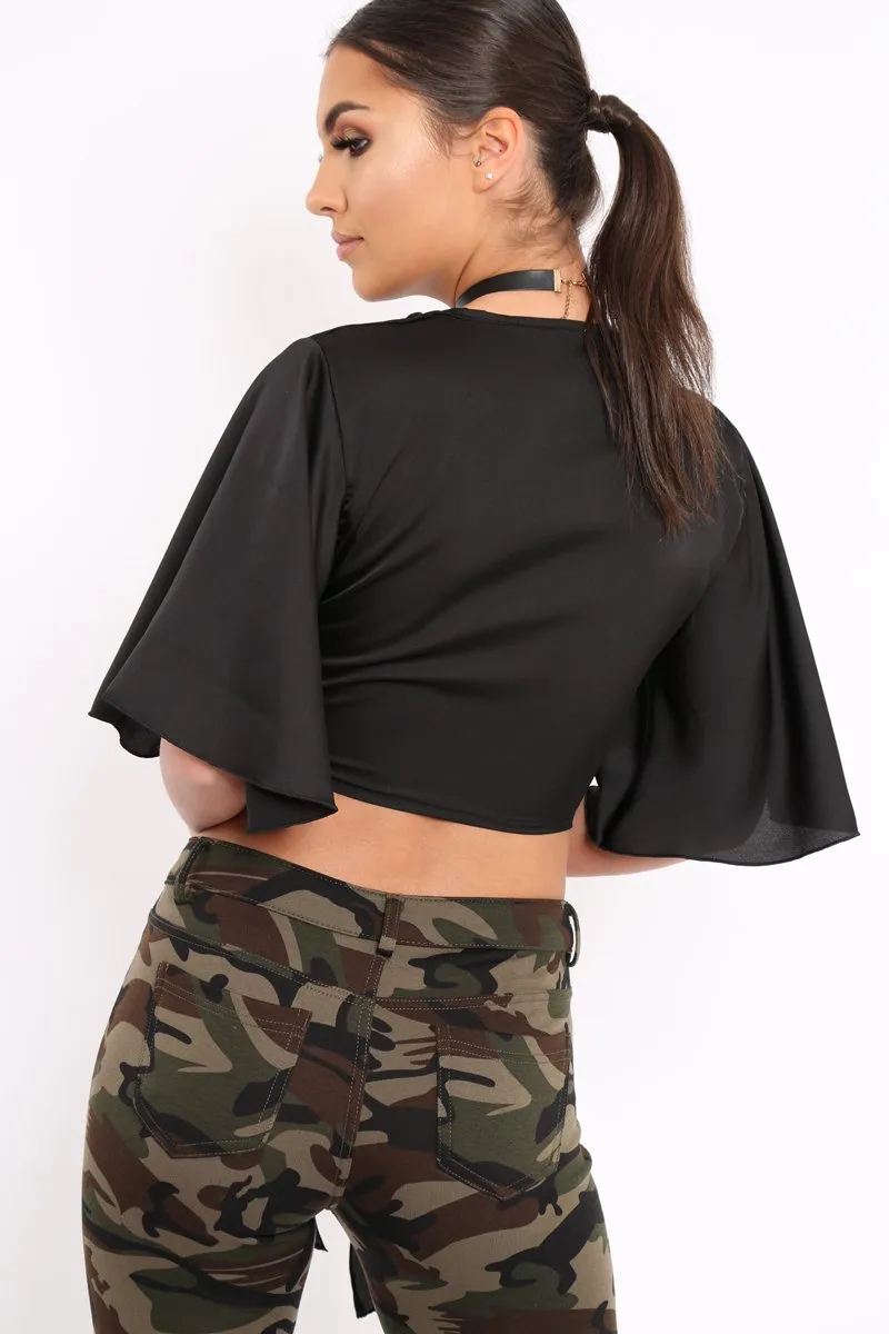 Black Satin Tie Crop Top - Alara