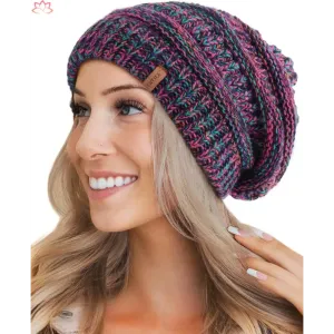 Black Slouchy Winter Hat Knit Beanie with Leather Detail