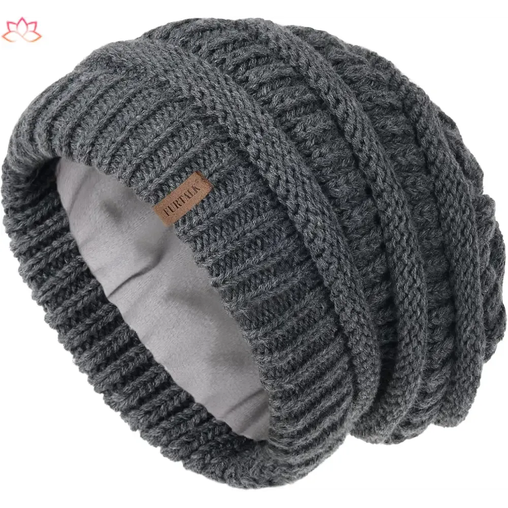 Black Slouchy Winter Hat Knit Beanie with Leather Detail
