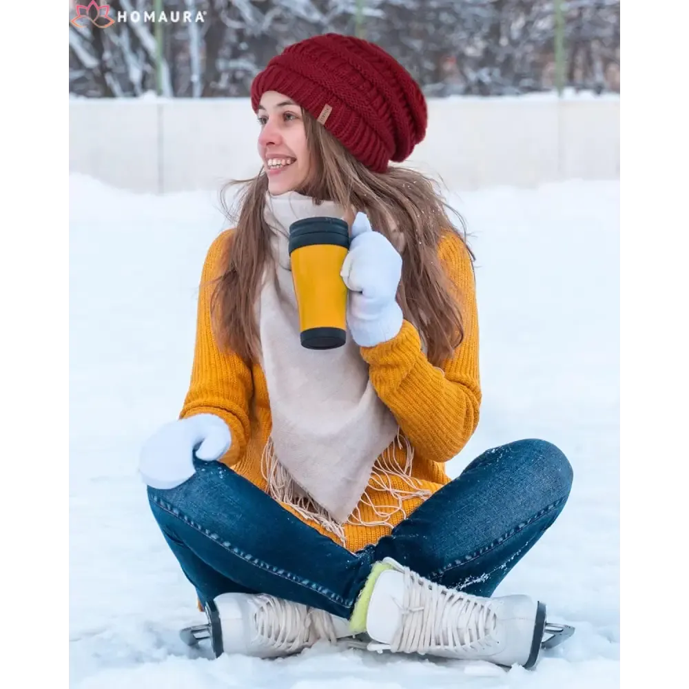 Black Slouchy Winter Hat Knit Beanie with Leather Detail