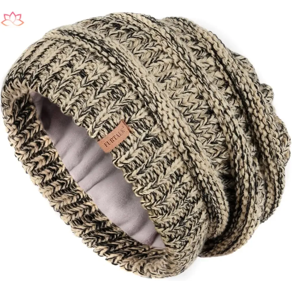 Black Slouchy Winter Hat Knit Beanie with Leather Detail