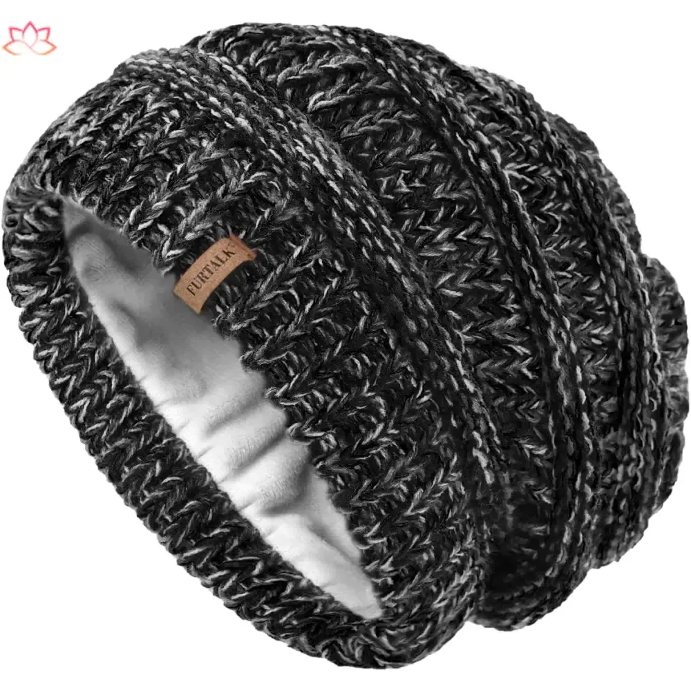 Black Slouchy Winter Hat Knit Beanie with Leather Detail