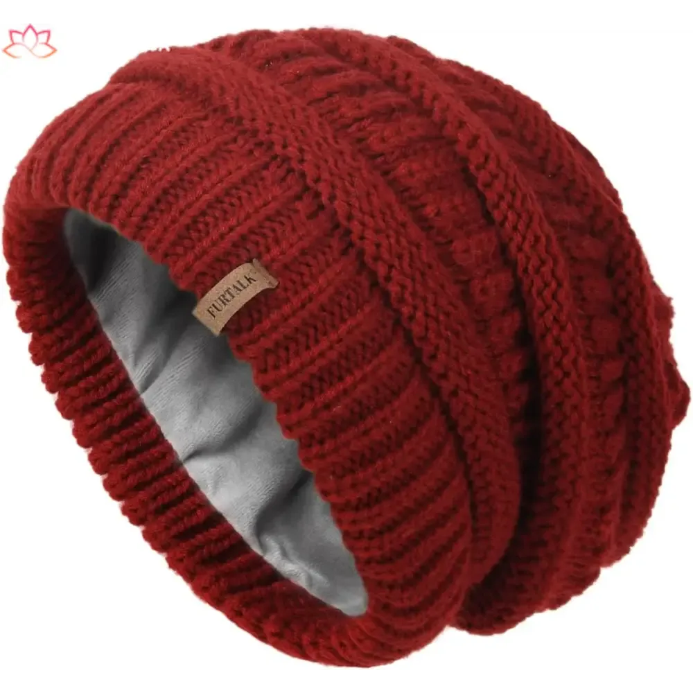 Black Slouchy Winter Hat Knit Beanie with Leather Detail