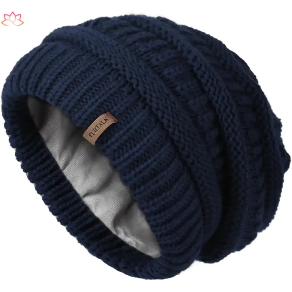 Black Slouchy Winter Hat Knit Beanie with Leather Detail
