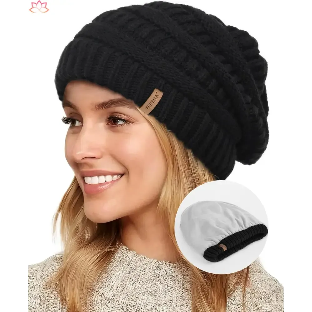 Black Slouchy Winter Hat Knit Beanie with Leather Detail
