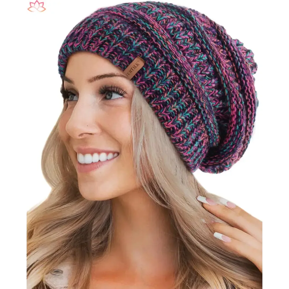 Black Slouchy Winter Hat Knit Beanie with Leather Detail