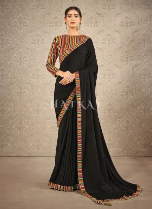 Black Striped Digital Printed Satin Silk Saree