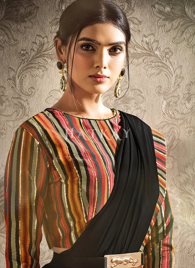Black Striped Digital Printed Satin Silk Saree