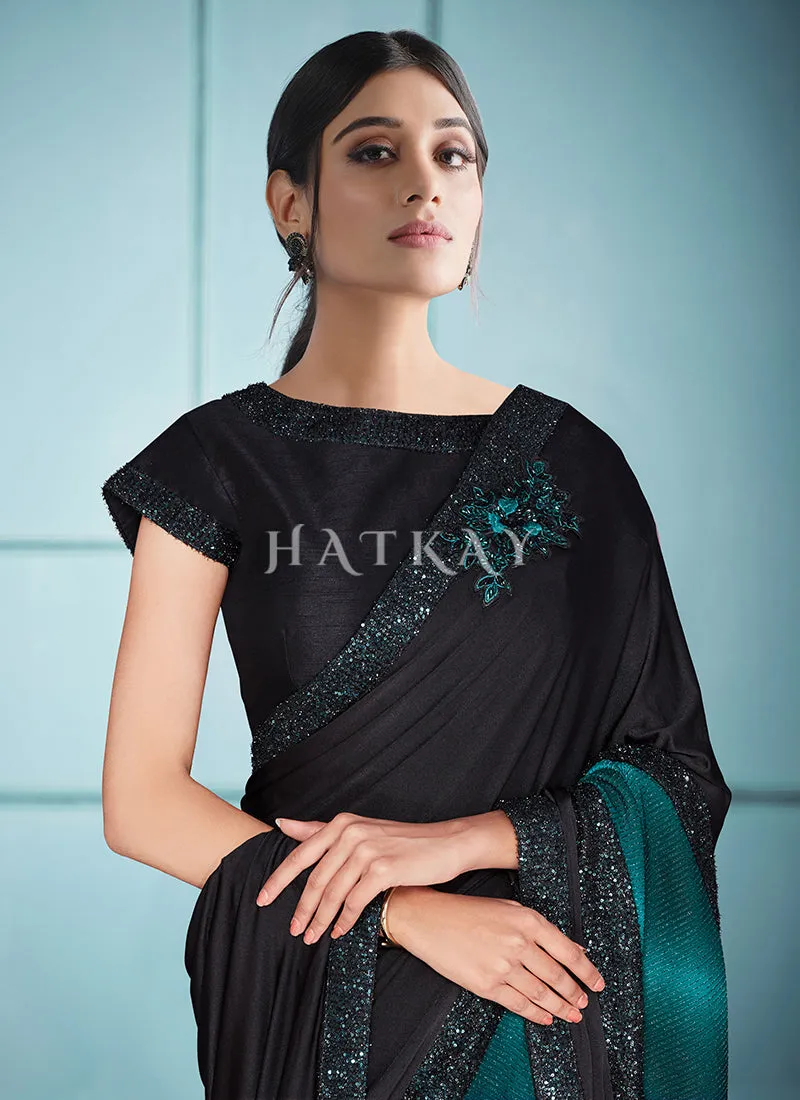 Black Turquoise Sequence Embroidered Festive Saree
