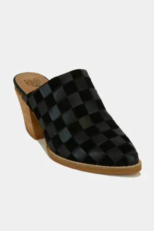 Black Woven Checkerboard Block Heel Mule Shoes