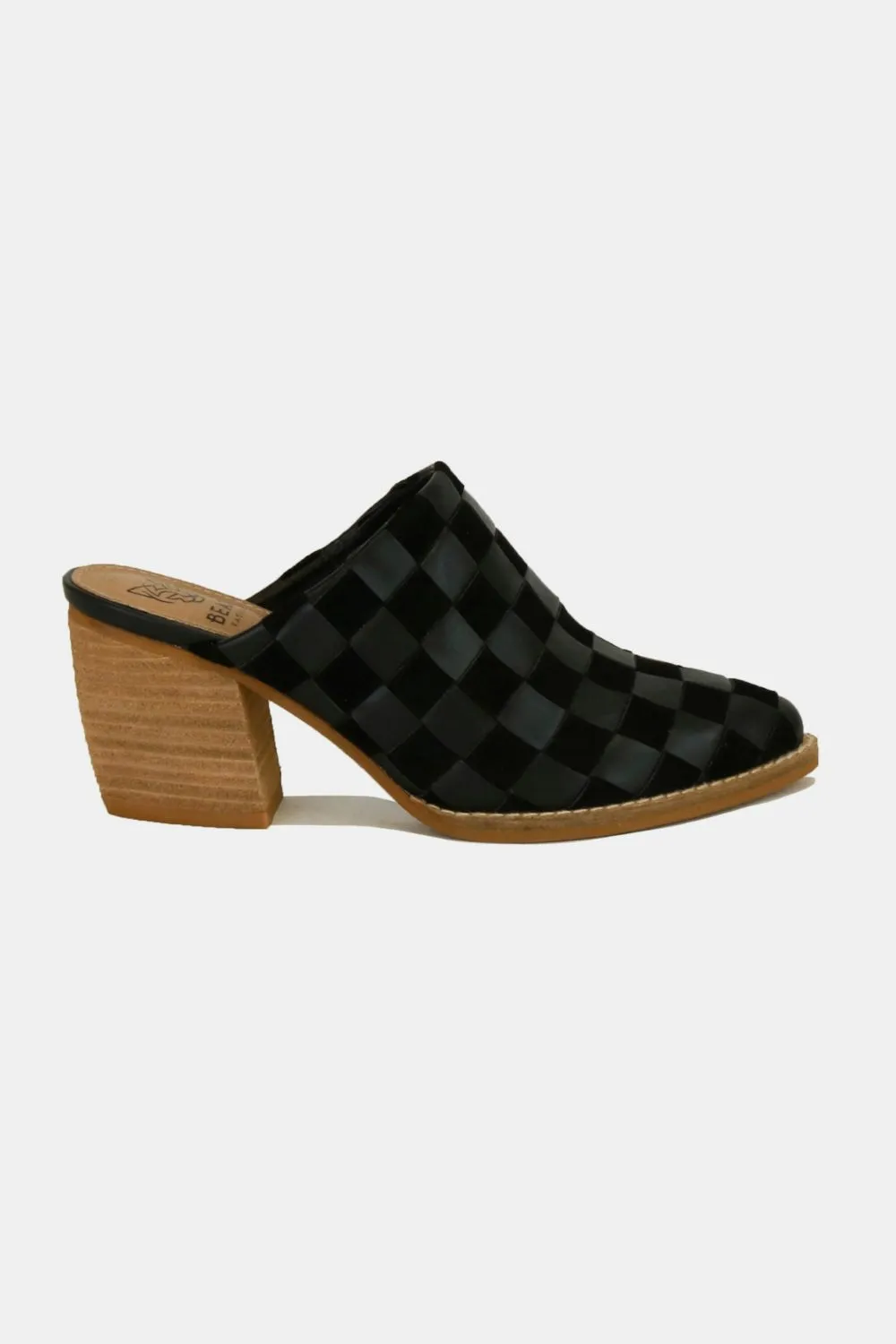Black Woven Checkerboard Block Heel Mule Shoes