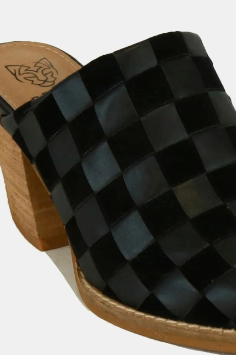 Black Woven Checkerboard Block Heel Mule Shoes