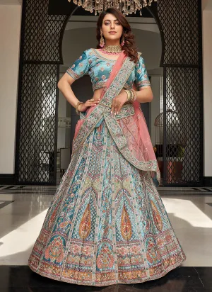 Blue and Pink Multi Embroidered Wedding Lehenga Choli