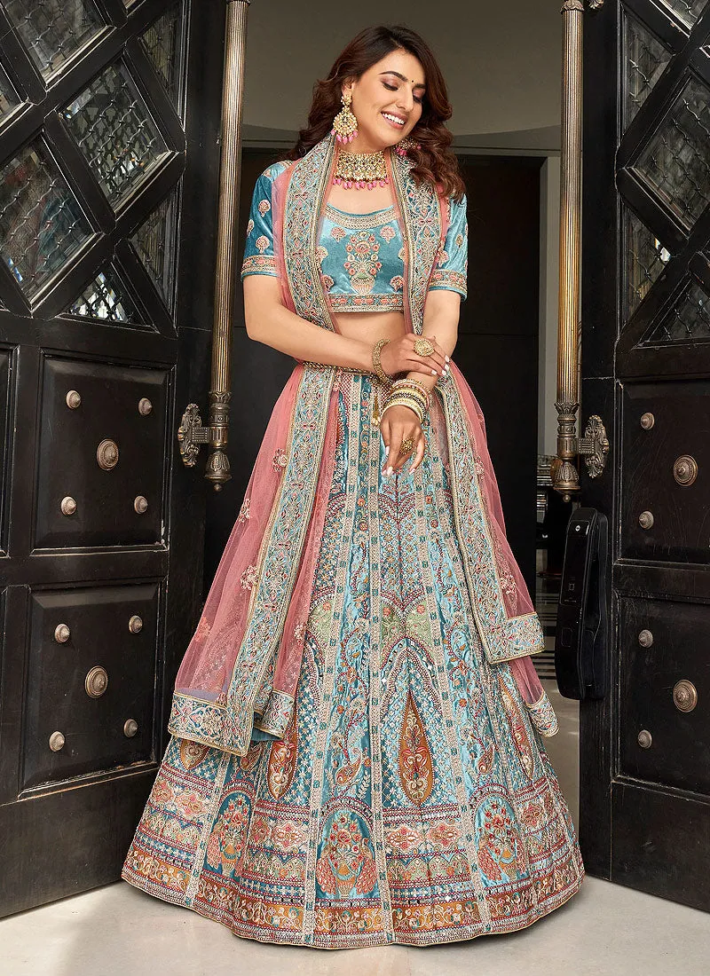 Blue and Pink Multi Embroidered Wedding Lehenga Choli