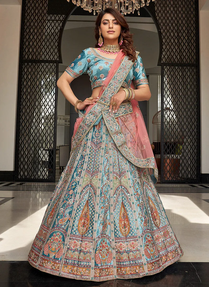Blue and Pink Multi Embroidered Wedding Lehenga Choli
