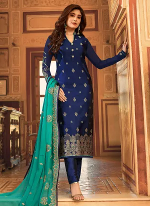 Blue And Turquoise Embroidered Pant Suit